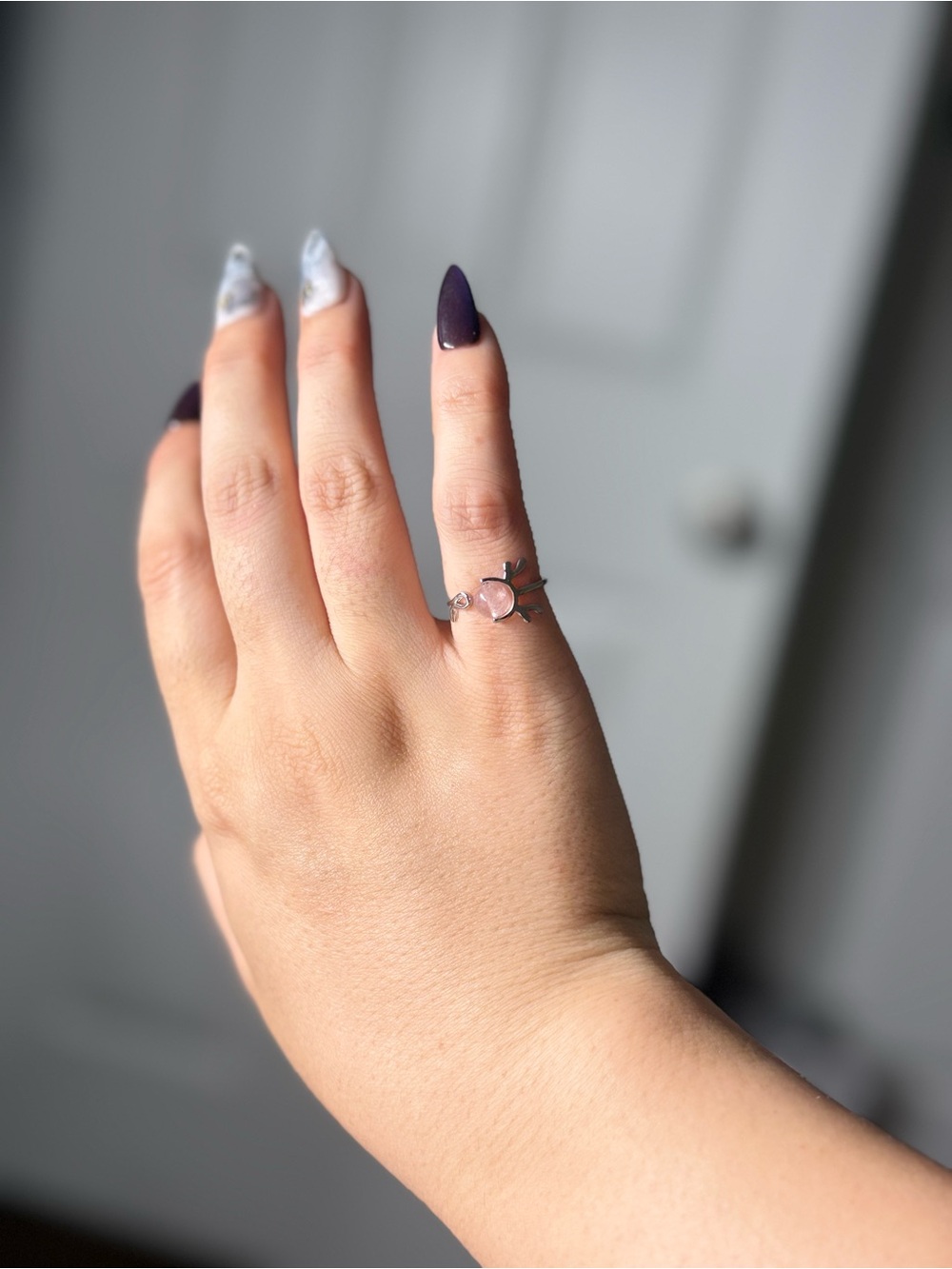 Silver Crescent Moon Adjustable Ring with Blush Pink Stone